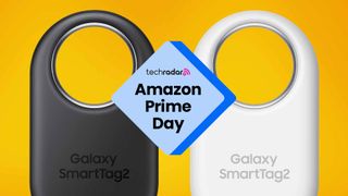 Samsung SmartTag 2 in black and white on a yellow background. "Amazon Prime Day" text is in the centre.