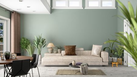 Modern Clean Living Room Interior With Green Plants, Sofa And Green Wall Background