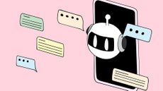 Illustration of robot head on phone surrounded by chat bubbles. 