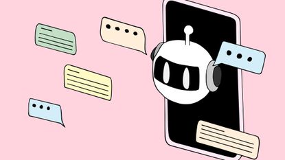 Illustration of robot head on phone surrounded by chat bubbles. 