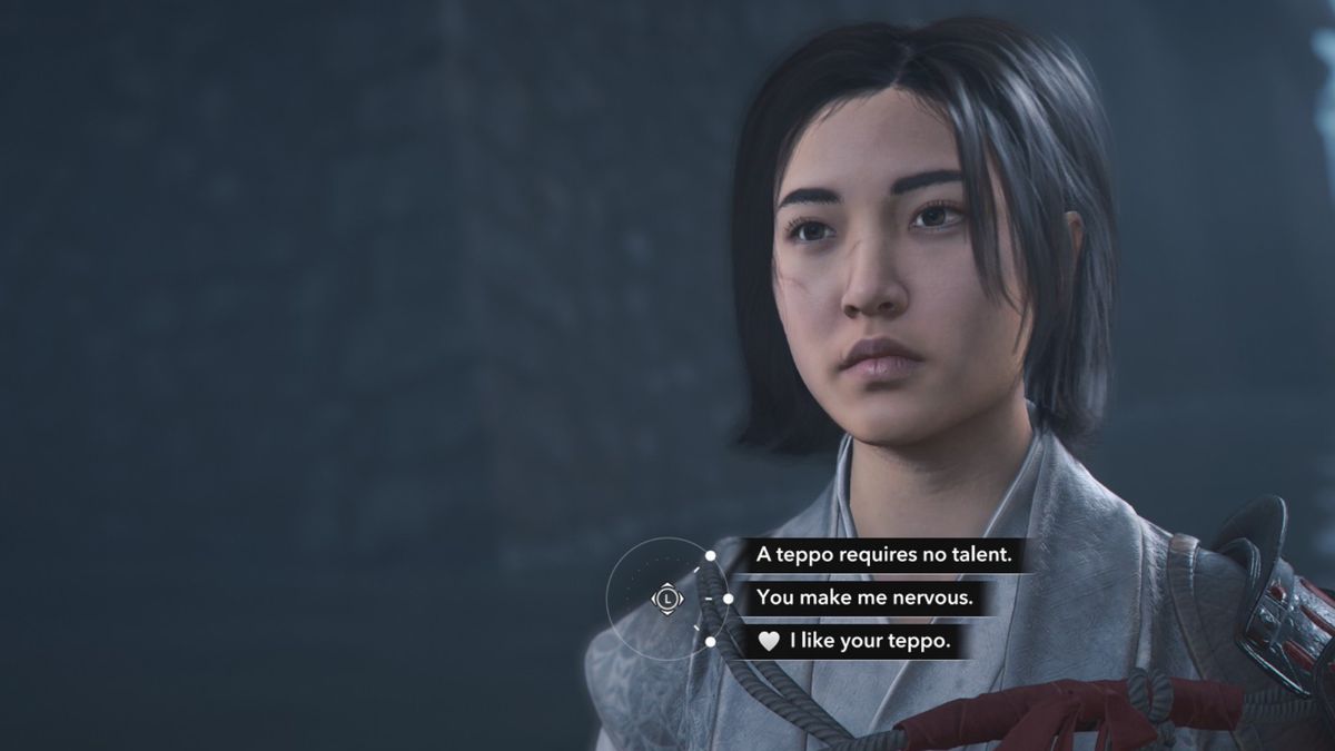 Assassin's Creed Shadows romance options - Naoe talking to Katsuhime outside a castle at night, about to compliment her teppo.