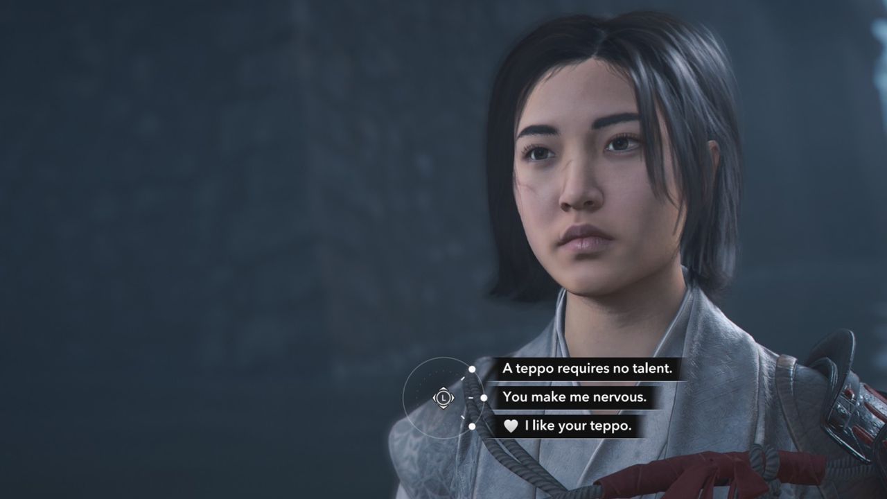 Assassin's Creed Shadows romance options - Naoe talking to Katsuhime outside a castle at night, about to compliment her teppo.