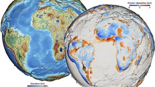 Stills showing Earth's elevation and erosion rates from a new model of 100 million years of geological history.