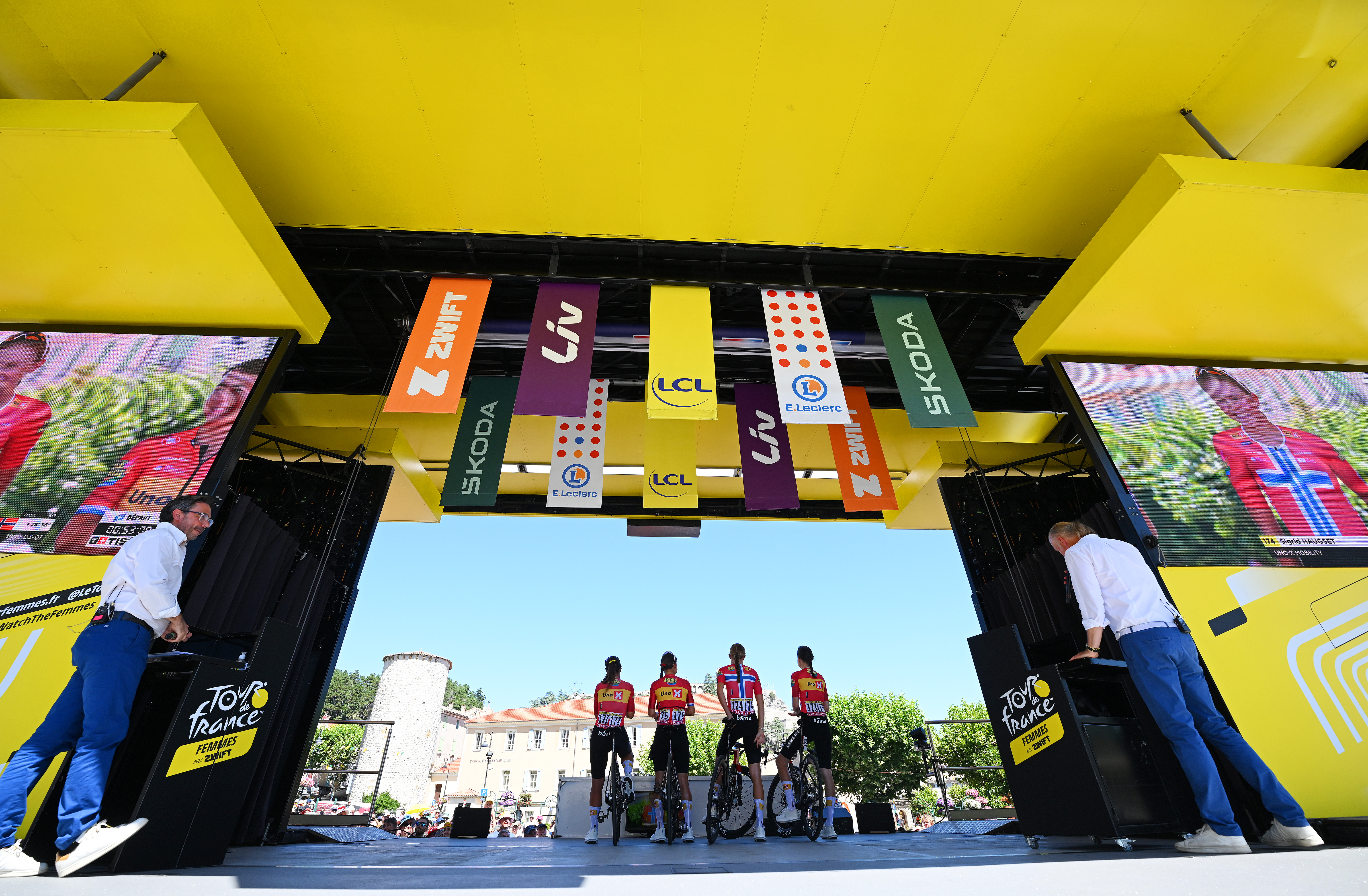 SISTERON, FRANCE - AUGUST 08: (L-R) Katrine Aalerud of Norway, Anouska Koster of Netherlands, Sigrid Ytterhus Haugset of Norway and Marte Berg Edseth of Norway and Team Uno-X Mobility prior to the 5th Tour de France Femmes 2026, Stage 8 a 171.9km stage from Sisteron to Nice / #UCIWWT / on August 08, 2026 in Sisteron, France. (Photo by Tim de Waele/Getty Images)