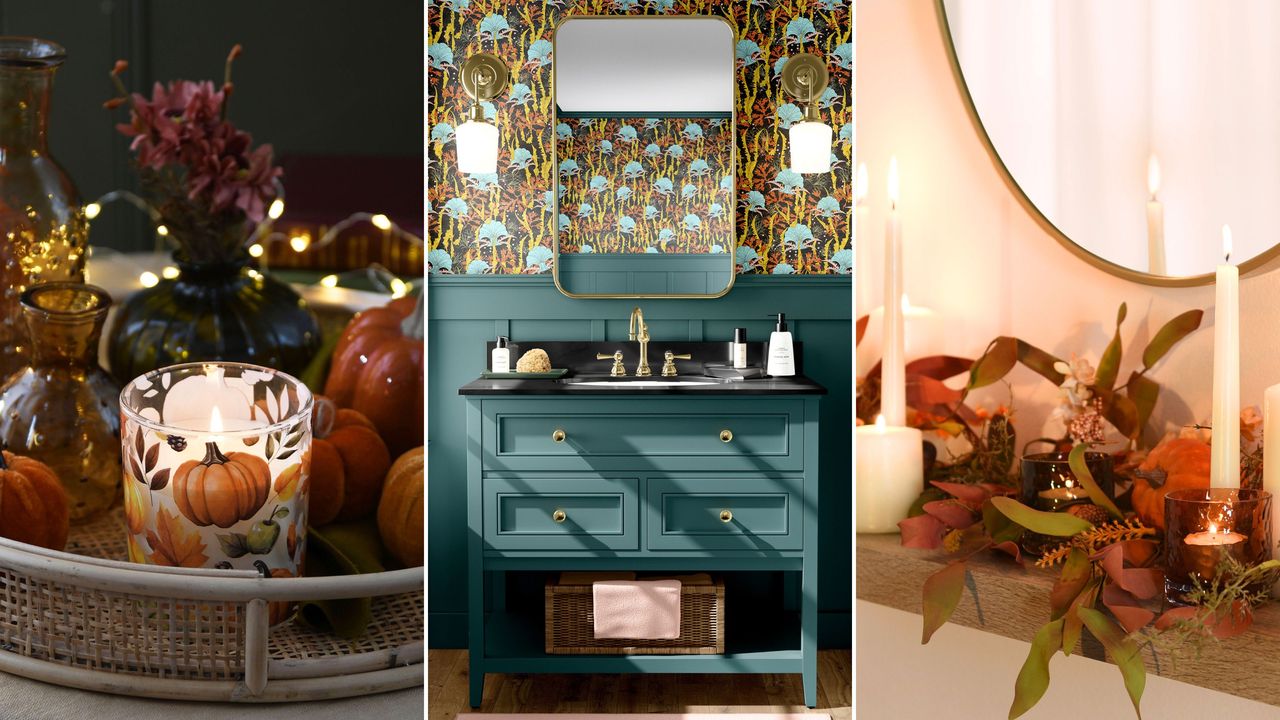 Three pictures of fall bathroom decor - a rattan tray with pumpkins and a candle on top of it, and a yellow and forest green bathroom with a mirror and vanity, and a wooden shelf with candles and fall leaves on top