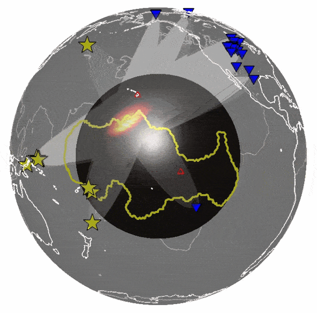 A map of inner Earth showing the new ultralow-velocity zones (ULVZs) discovered with 30 years of seismic data.