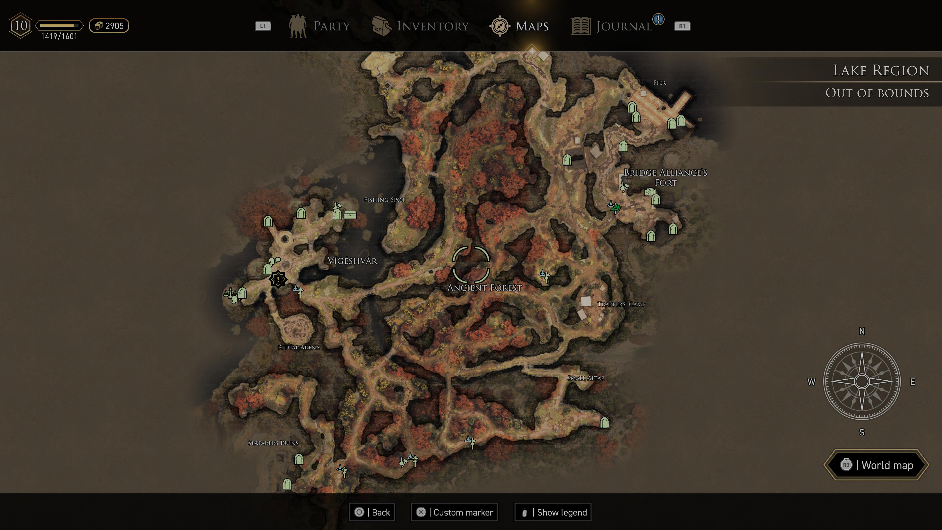 A GreedFall: The Dying World screenshot showing the game's map screen.