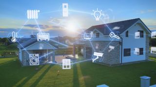 rendered image of house with graphic showing smart home features interlinked and connecting to house together