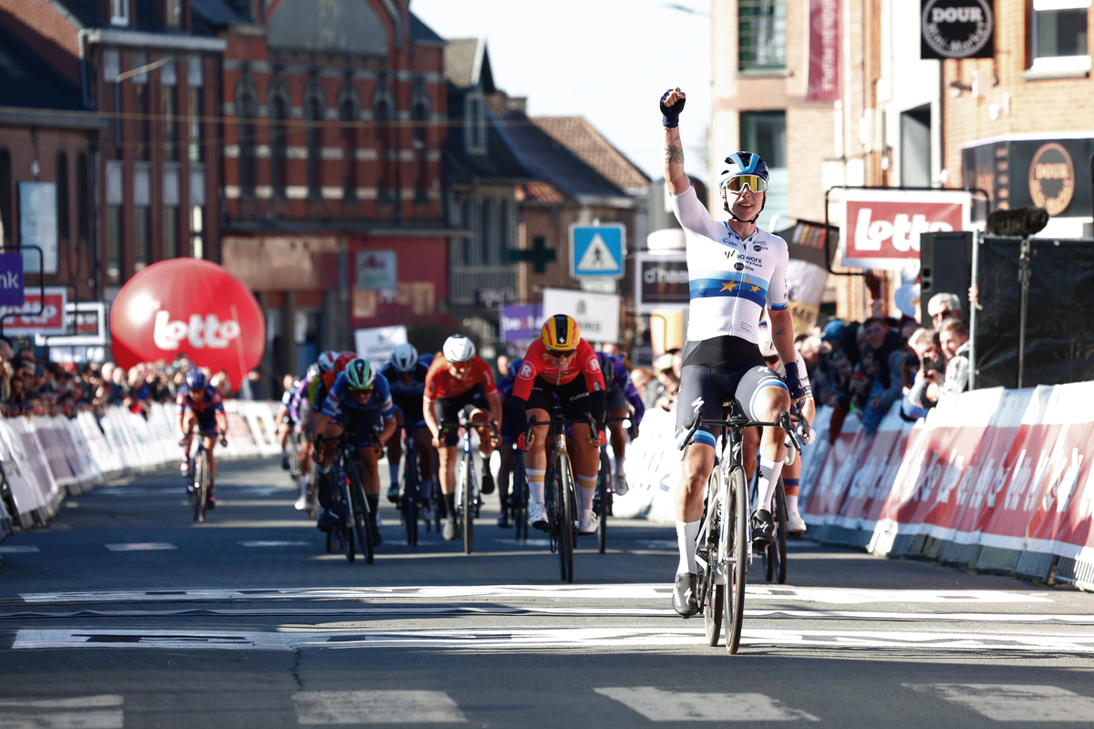 DOUR, BELGIUM - MARCH 04: Lorena Wiebes of the Netherlands and Team SD Worx - Protime celebrates at finish line as race winner during the 14th Le Samyn des Dames 2025 a 122km one day race from Quaregnon to Dour on March 04, 2025 in Dour, Belgium. (Photo by Rhode Van Elsen/Getty Images)