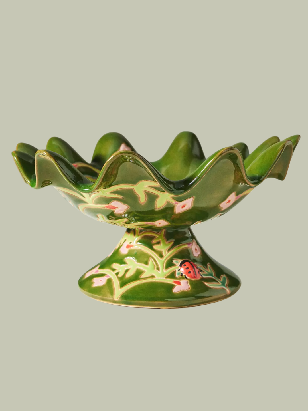 A green patterned floral bird bath from Anthropologie