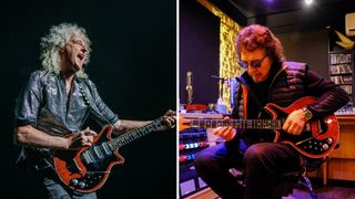 Brian May performs live with his Red Special, and on the right, his old pal, Black Sabbath guitarist Tony Iommi, plays the custom-built Red Special replica that Iommi got him as a festive gift.