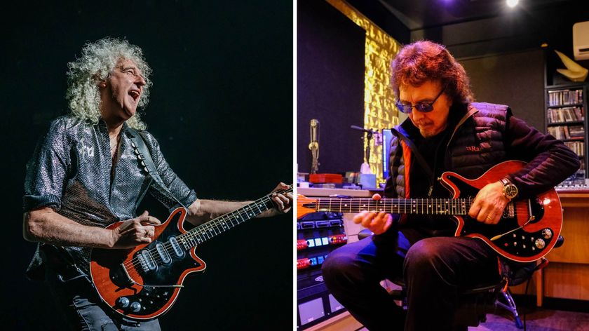 Brian May performs live with his Red Special, and on the right, his old pal, Black Sabbath guitarist Tony Iommi, plays the custom-built Red Special replica that Iommi got him as a festive gift.