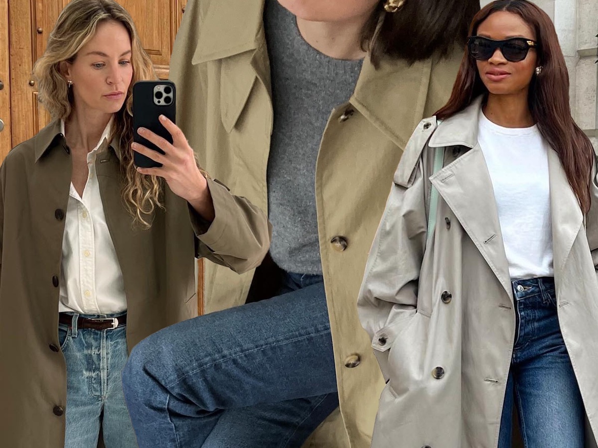 fashion collage featuring influencers Anouk Yve, Lucy Alston, and Lorna of Symphony of Silk wearing effortless outfits with trench coats, basic tops, and jeans
