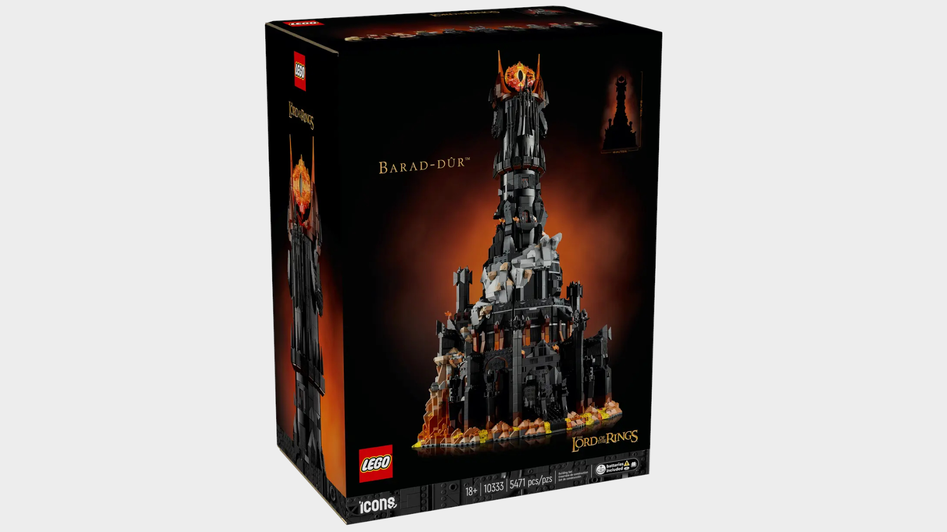 Lego Barad-dur pieces against a plain background