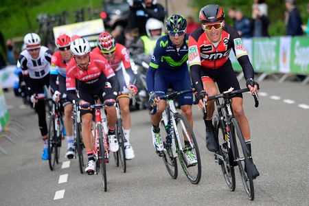 Alejandro Valverde (Movistar), Fabio Felline (Trek - Segafredo) and Greg van Avermaet chase the leaders near the end of Amstel Gold