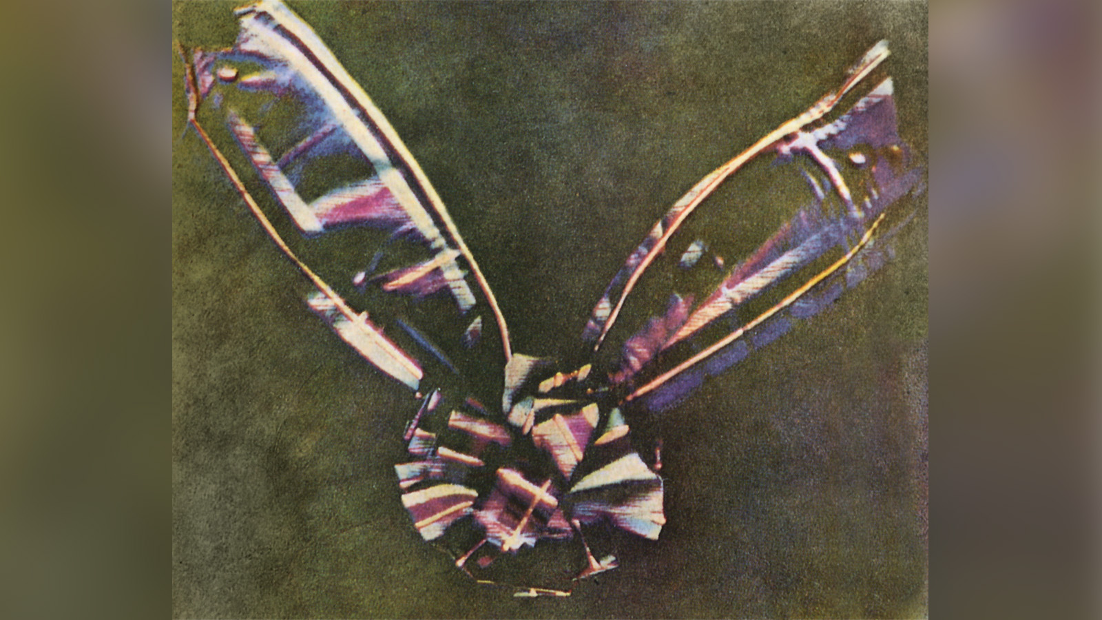 A photo taken in 1861 of a color tartan-pattern ribbon tied in a bow