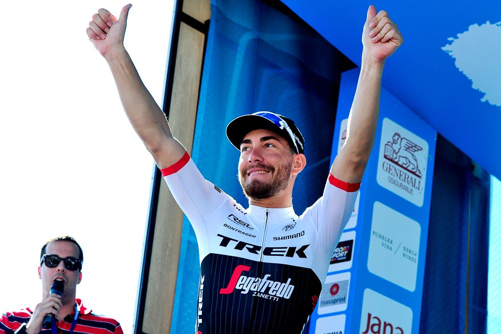 Giacomo Nizzolo (Trek-Segafredo) on the stage 3 podium in Croatia