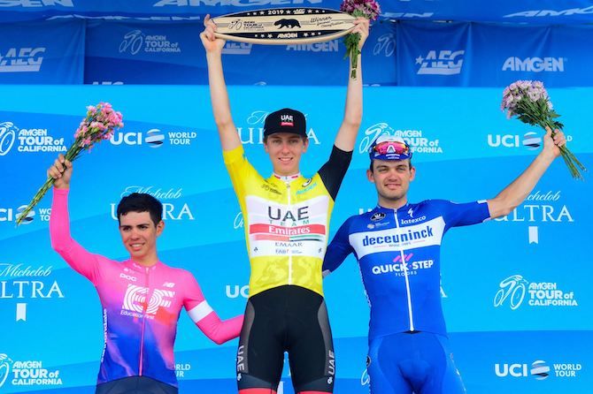 The final 2019 Tour of California podium: Tadej Pogacar (UAE Team Emirates) with second-placed Sergio Higuita (EF Education First) and Deceuninck-QuickStep's Kasper Asgreen