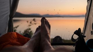 Feet of male hiker inside tent with mosquitoes waiting on mesh doorway, Staloluokta, Padjelantaleden trail, Lappland, Sweden_ Cavan Images via Getty Images