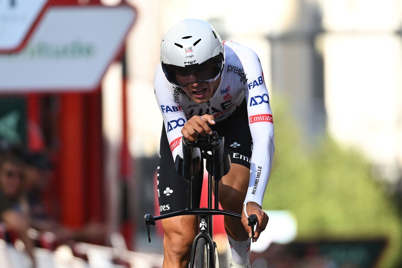 MADRID, SPAIN - SEPTEMBER 08: Filippo Baroncini of Italy and UAE Team Emirates sprints during the La Vuelta - 79th Tour of Spain 2024, Stage 21 a 24.6km individual time trial stage from Madrid to Madrid / #UCIWT / on September 08, 2024 in Madrid, Spain. (Photo by Tim de Waele/Getty Images)