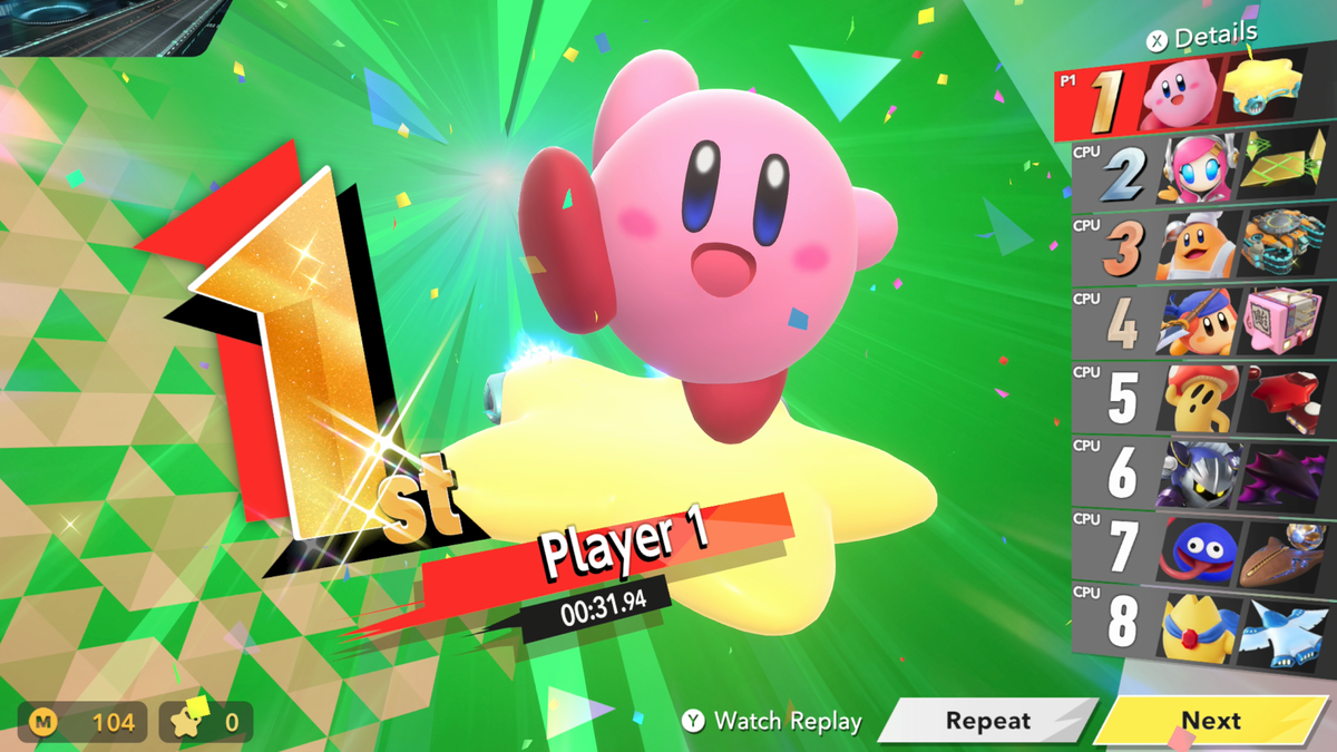 Coming first place in Kirby Air Riders