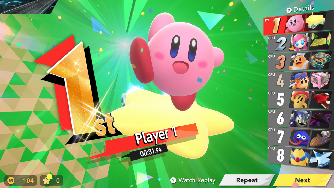 Coming first place in Kirby Air Riders