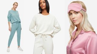 Best Pajama Brands: 3 models wearing Derek Rose pajamas