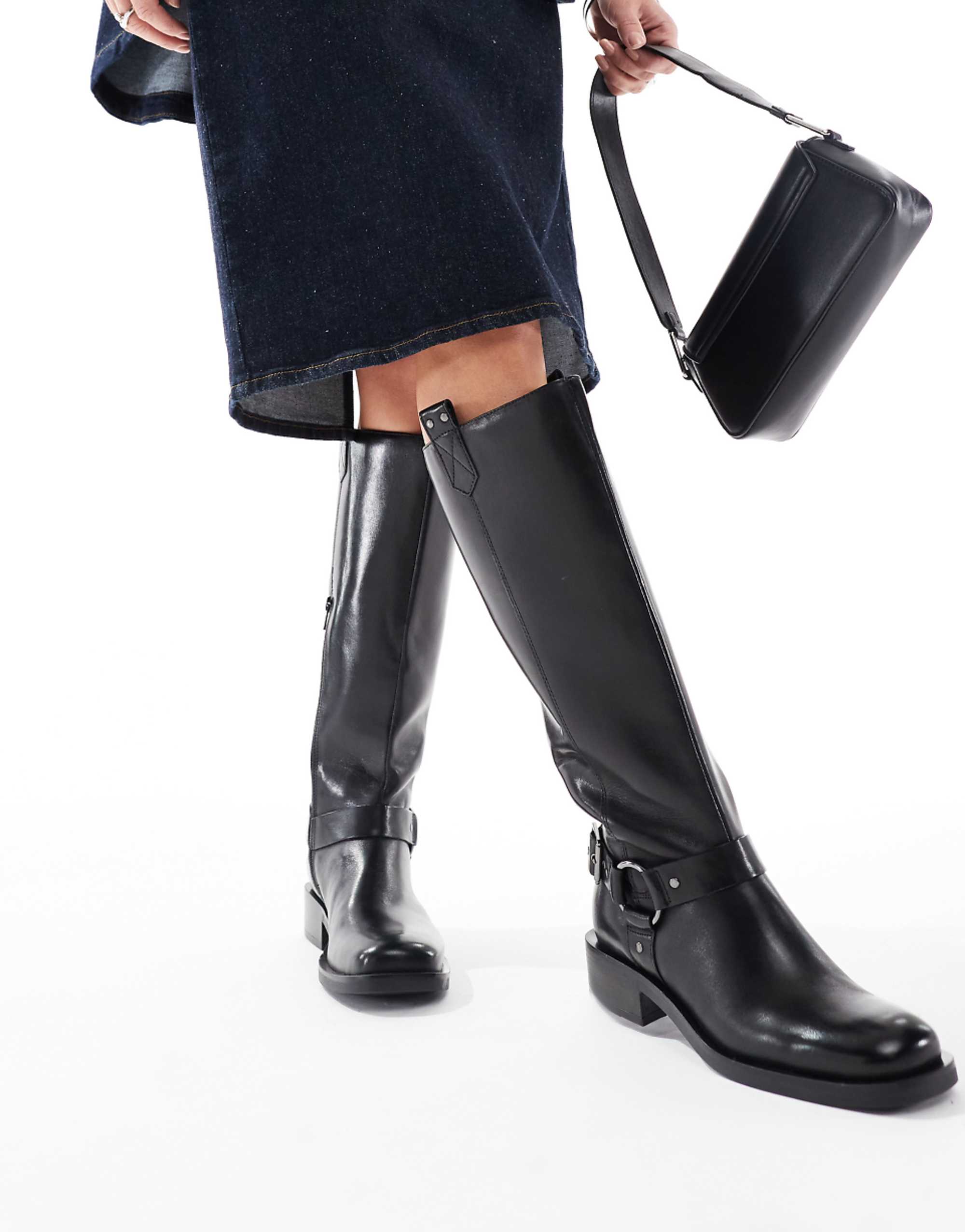 Off the Hook Adderstone Block Heel Knee High Leather Boots in Black