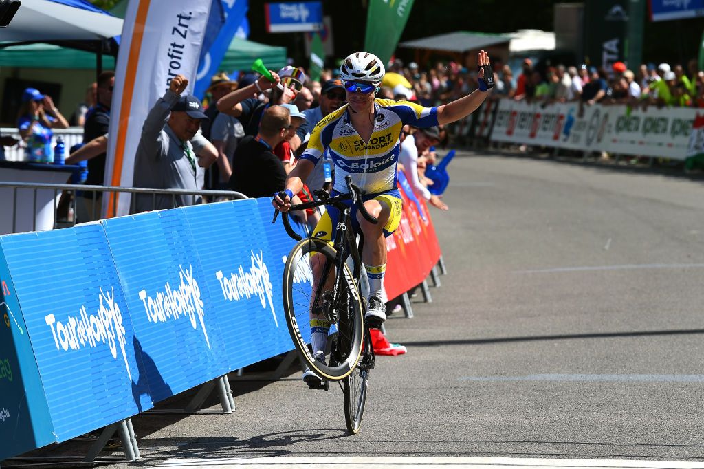 GYNGYSKKESTET HUNGARY MAY 15 Jens Reynders of Belgium and Team Sport Vlaanderen Baloise crosses the finish line during the 43rd Tour de Hongrie 2022 Stage 5 a 184km stage from Miskolc to GyngysKkestet 992m tourdehongrie on May 15 2022 in GyngysKkestet Hungary Photo by Dario BelingheriGetty Images