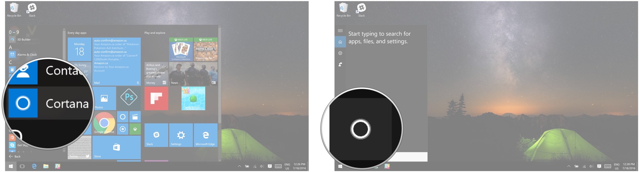 Click Cortana and then click the Cortana button.