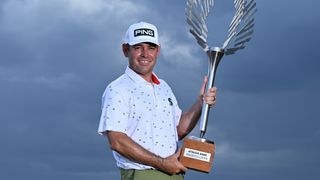 Louis Oosthuizen with the trophy after his win in the AfrAsia Bank Mauritius Open
