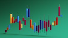 Vibrant, floating candlestick bars form a dynamic stock market visualization against a rich green backdrop, conveying growth, risk, and financial activity with energetic color and motion.