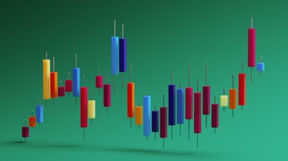 Vibrant, floating candlestick bars form a dynamic stock market visualization against a rich green backdrop, conveying growth, risk, and financial activity with energetic color and motion.