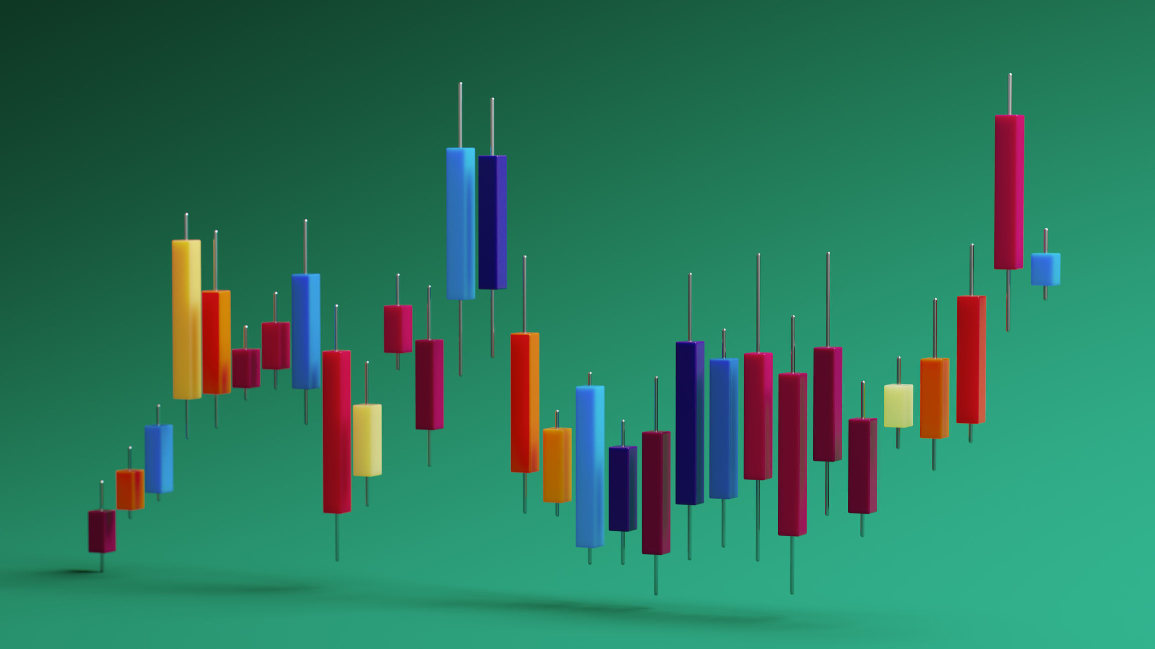 Vibrant, floating candlestick bars form a dynamic stock market visualization against a rich green backdrop, conveying growth, risk, and financial activity with energetic color and motion.