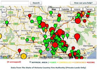 Google's colour-coded map of the bush fires