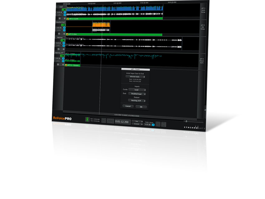 The interface looks like a simple DAW, with audio tracks laid out in a vertical stack, each with level and pan controls