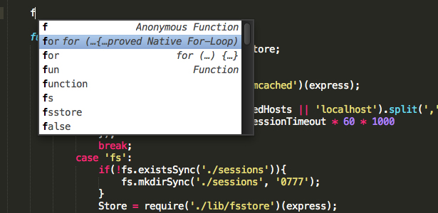 Snippets have an adjacent description in the editor autocomplete