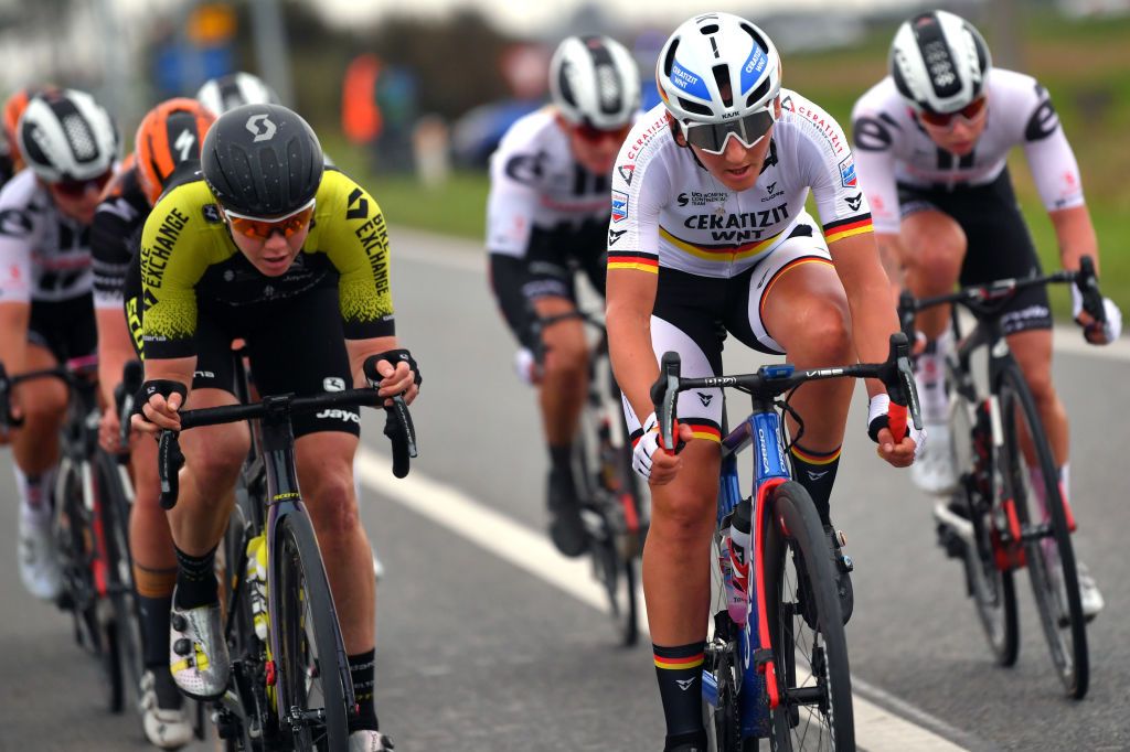 DE PANNE BELGIUM OCTOBER 20 Sarah Roy of Australia and Team Mitchelton Scott Lisa Brennauer of Germany and Ceratizit Wnt Pro Cycling Team during the 3rd Driedaagse Brugge De Panne 2020 Women Classic a 1563km race from Brugge to De Panne AG3daagse on October 20 2020 in De Panne Belgium Photo by Luc ClaessenGetty Images