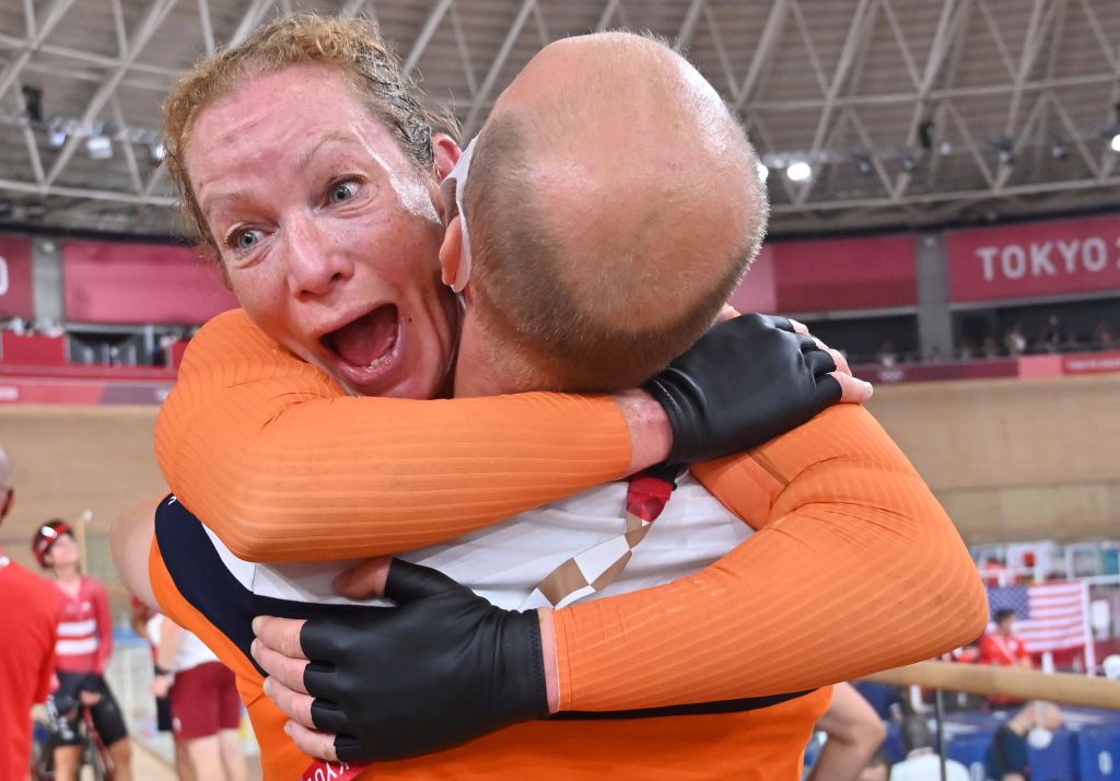 TOPSHOT Silver medallist Netherlands Kirsten Wild reacts after the womens track cycling omnium points race during the Tokyo 2020 Olympic Games at Izu Velodrome in Izu Japan on August 8 2021 Photo by Peter PARKS AFP Photo by PETER PARKSAFP via Getty Images