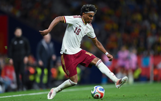 Lamine Yamal of Spain runs with the ball during an international friendly match between Spain and Egypt at RCDE Stadium on March 31, 2026 in Barcelona, Spain.