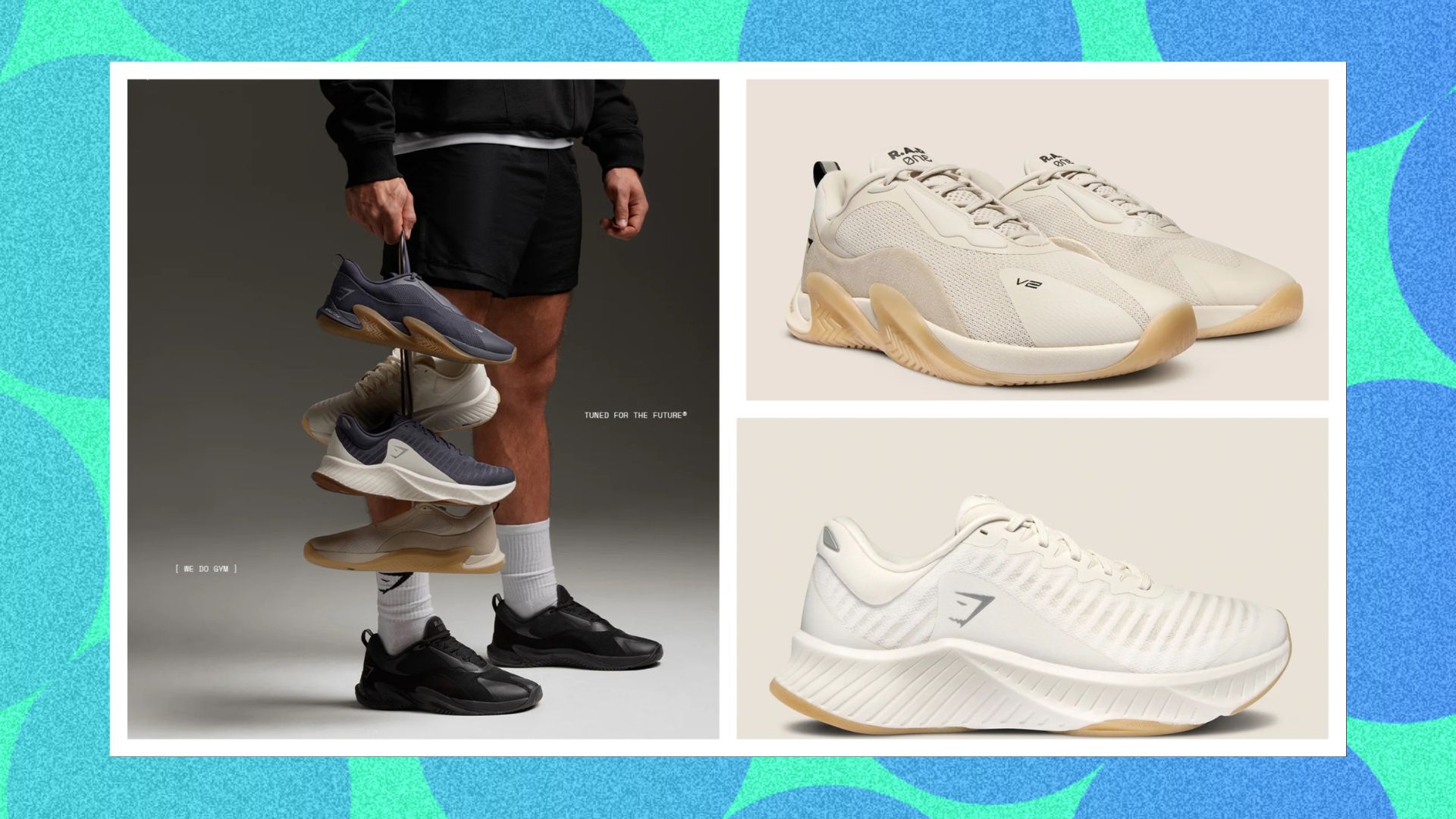 Gymshark x R.A.D trainers on a blue background 