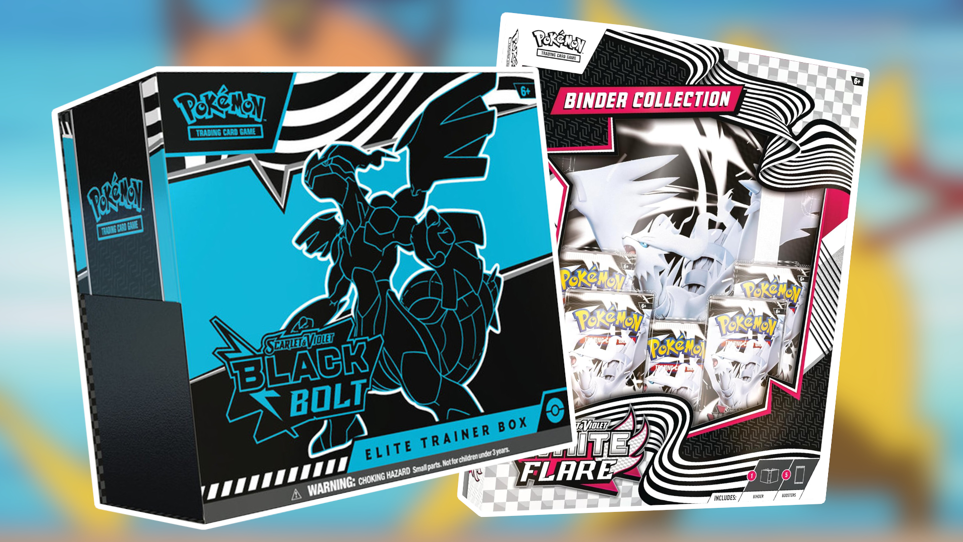 Pokemon Black Bolt and White Flare Elite Trainer and Binder Collection boxes against a blurred background