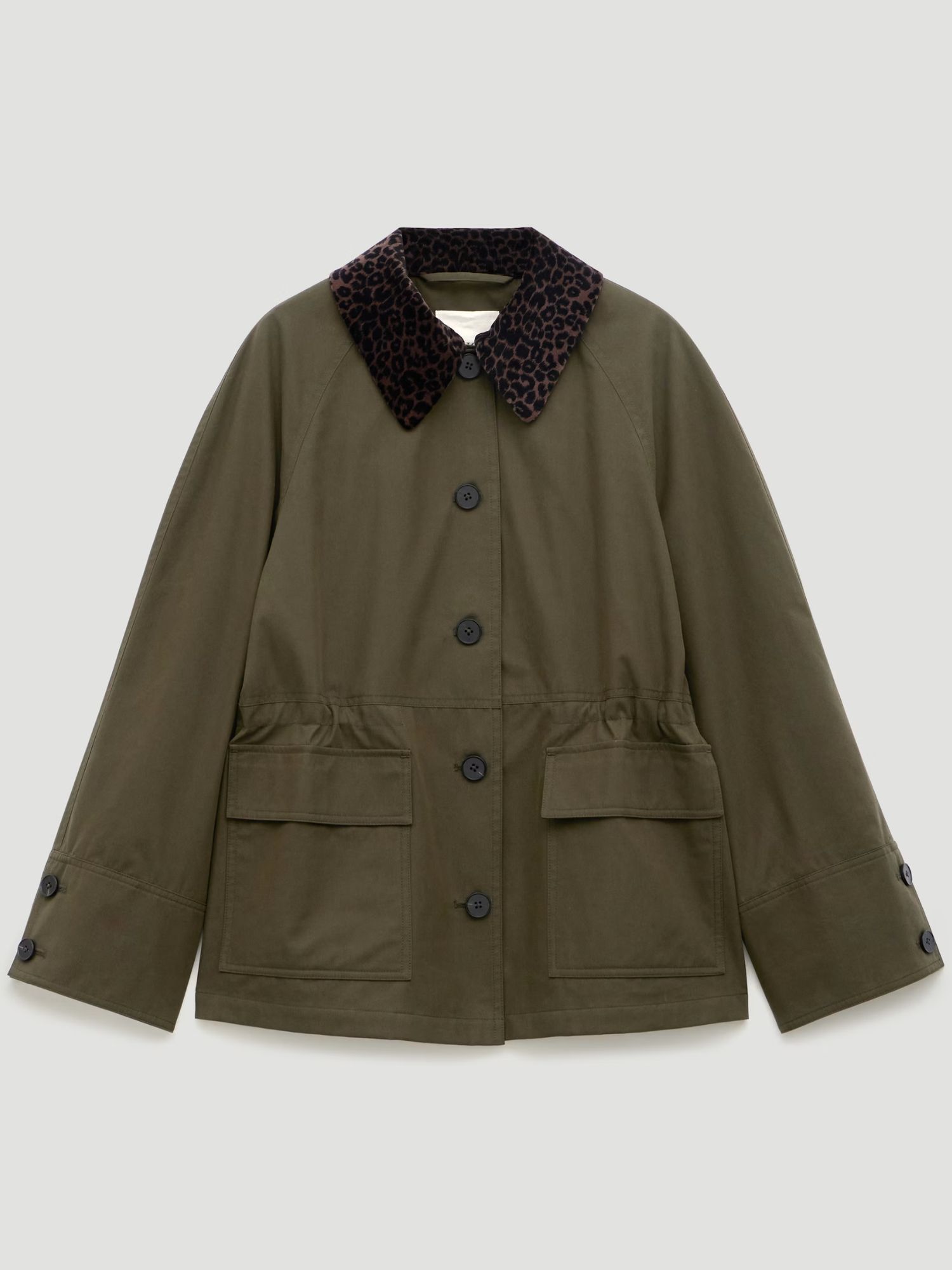 Nerina Leopard Collar Cotton Barn Jacket in Khaki Green cut out