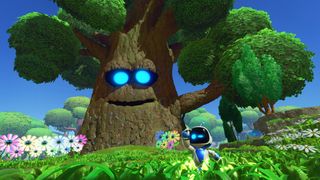 Astro stands in a grassy meadow, underneath a giant tree with Astro eyes and a smiling face