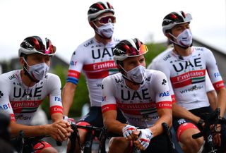 LARUNS FRANCE SEPTEMBER 06 Start Tadej Pogacar of Slovenia and UAE Team Emirates Marco Marcato of Italy and UAE Team Emirates Alexander Kristoff of Norway and UAE Team Emirates David De La Cruz Melgarejo of Spain and UAE Team Emirates Mask Covid safety measures during the 107th Tour de France 2020 Stage 9 a 153km stage from Pau to Laruns 495m TDF2020 LeTour on September 06 2020 in Laruns France Photo by Stuart FranklinGetty Images