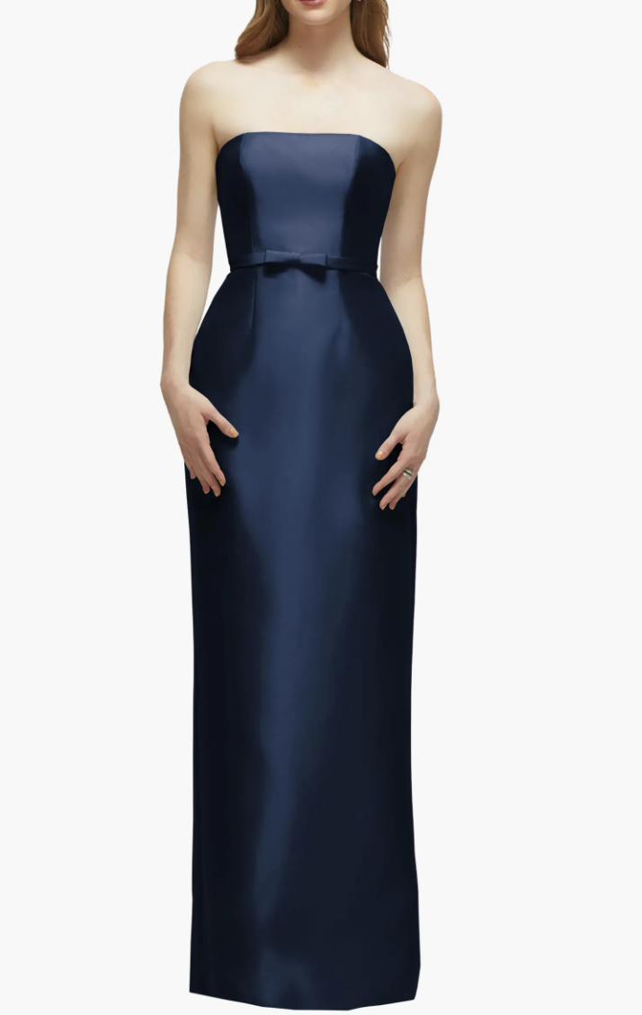 a navy strapless dress with a bow waist
