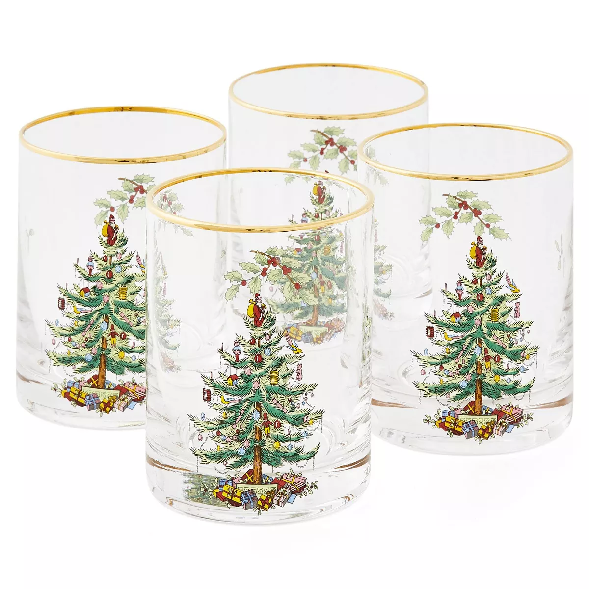 Spode Christmas Tree 14oz Double Old Fashioned Glasses, Set of 4 - Festive Holiday, Excellent for Whiskey at Holiday Gatherings and Cozy Celebrations