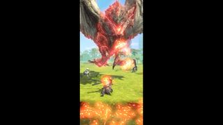 A Rathalos does a fire attack towards the player in the mobile game Monster Hunter Now