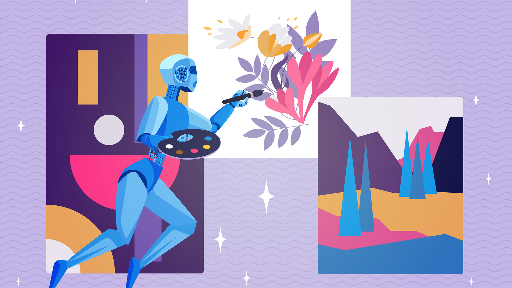 An illustration of a blue robot painting various scenes against a purple wall.