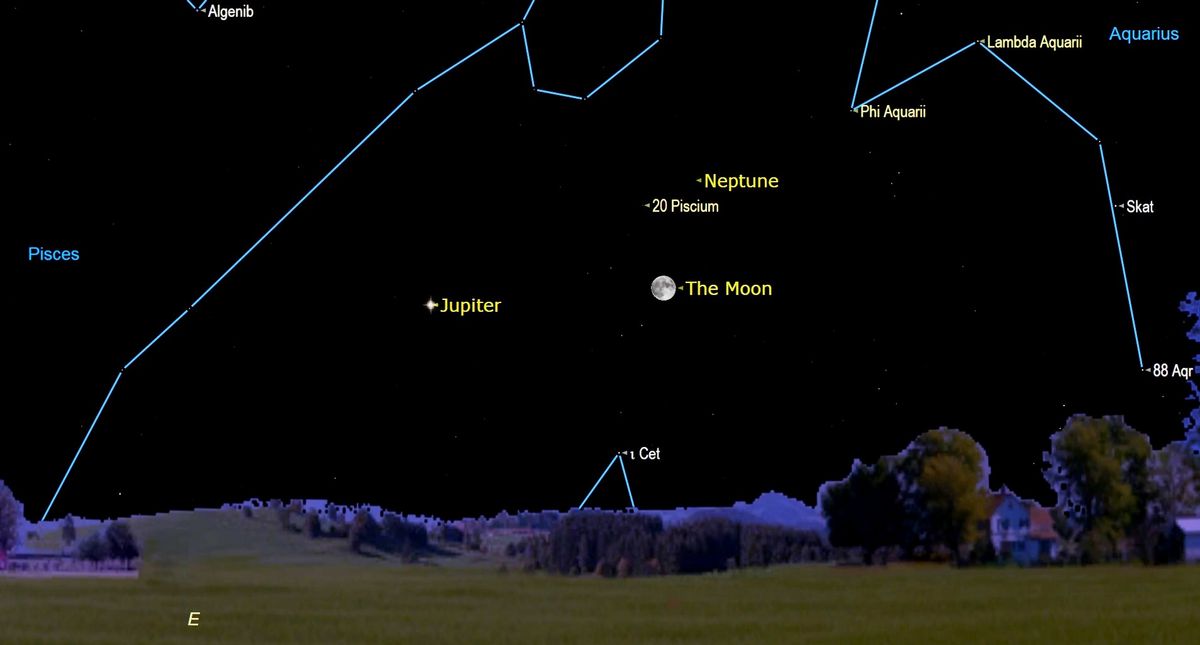Harvest Moon: Sledujte vycházející úplněk poblíž Jupiteru a Neptunu
